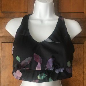 all in motion Navy Blue w/Green/Fuchsia Leaves Sports Bra w/Crisscrossed Straps